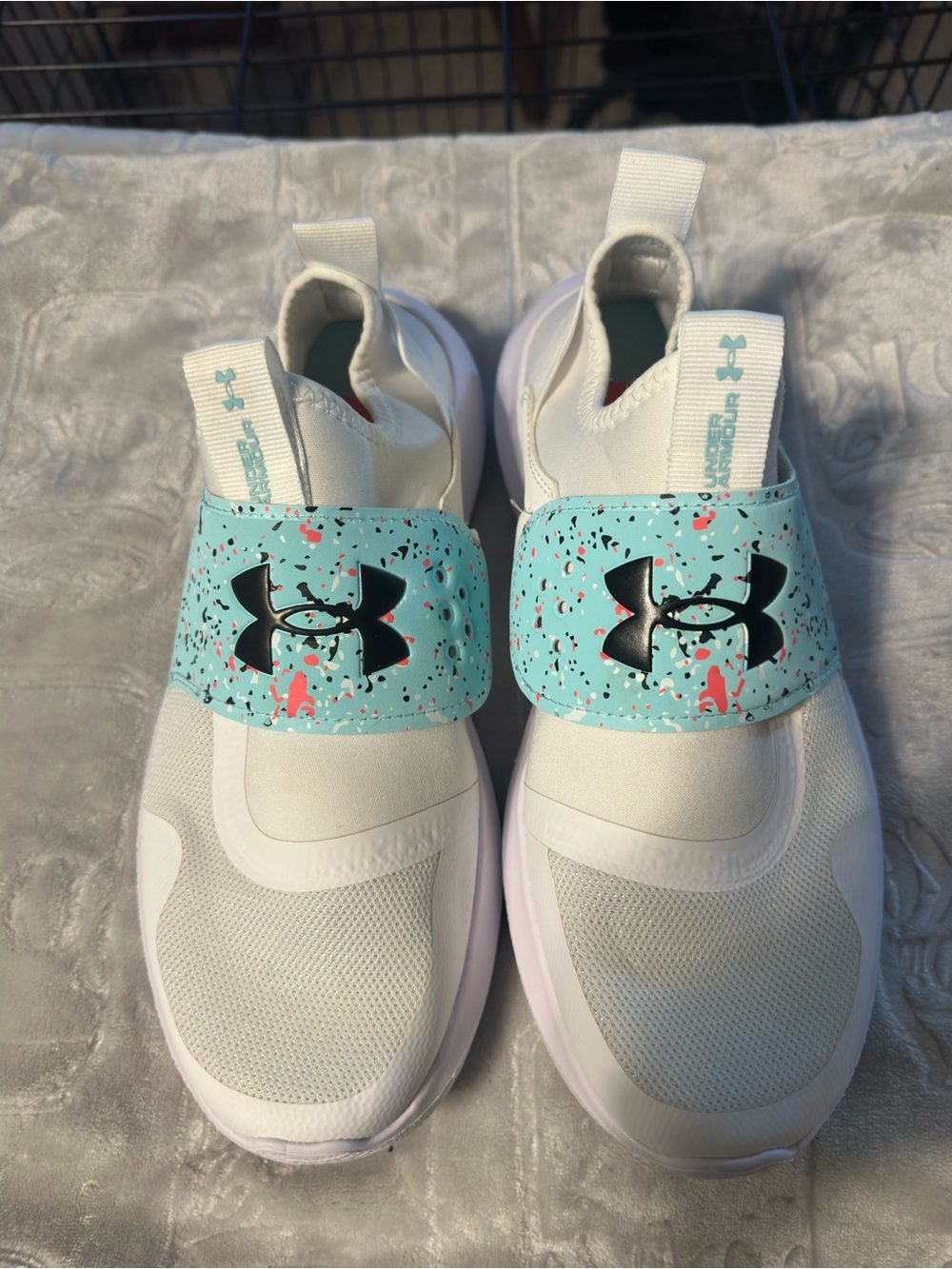 Under Armour Runplay Paint White and Aqua Speckle Slip-On Athletic Sneakers